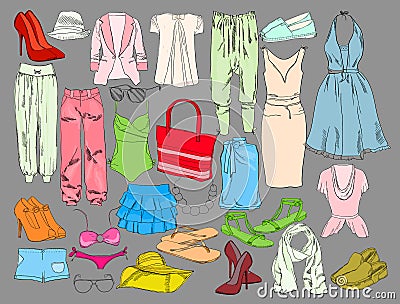 Summer travel packing for vacation. Woman clothing set. Vector hand drawn isolated objects. Colorful drawing fashion Vector Illustration