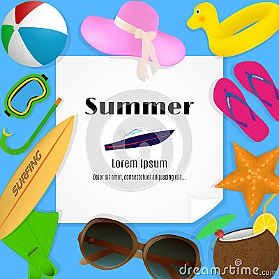 Summer travel template with beach accessories. A paper with a bent corner on a blue background with summertime items. Vector Illustration