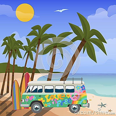 Summer travel in tropics vector, illustration. Sea view in summer with water play equipment, beach, tropical palms and Vector Illustration