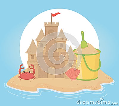 Summer travel and vacation sand castle bucket shovel crab and shell Vector Illustration