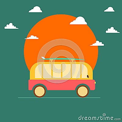 Summer travel van and surfing poster Vector Illustration