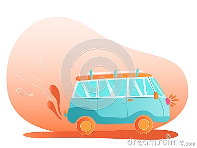 Summer travel vector illustration with vintage Camper van bus. Beach concept. Vector Illustration