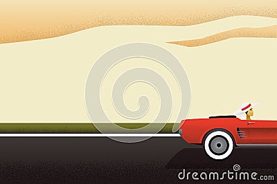 Summer travel vector poster with red roadster on road and classy woman driver. Retro flyer, leaflet for summer vacation. Vector Illustration