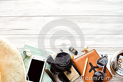 Summer travel wanderlust concept, space for text, flat lay. map Stock Photo