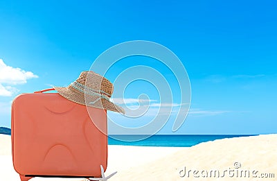 Summer traveling with old suitcase and Fashion woman, fish star, sun glasses, hat. Travel in the holiday, blue sky and beach backg Stock Photo