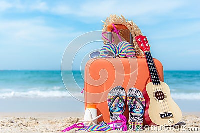 Summer traveling with old suitcase and Fashion woman swimsuit Bikini,starfish, sun glasses, hat. Travel in the holiday, Stock Photo