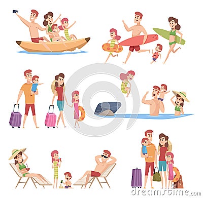 Summer travellers. Happy love couple with childrens beach walking vacation trip outdoor adventure vector characters Vector Illustration