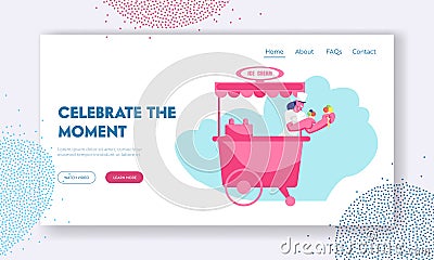 Summer Treat Website Landing Page, Sales Woman Holding Ice Cream Waffle Cones with Colored Balls Dessert in Hand Vector Illustration