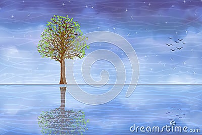 Summer tree reflecting in blue water Vector Illustration