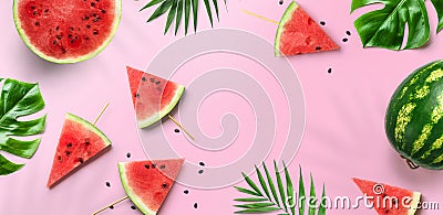 Summer trendy bright watermelon pattern layout. Red watermelon slices, tropical leaves, monstera plants and leaf shadows on pink Stock Photo