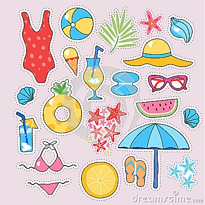 Summer trendy sticker set sea star, sun umbrella, sunglasses, swimsuit, cocktail, hat, flip flops vector illustration Vector Illustration