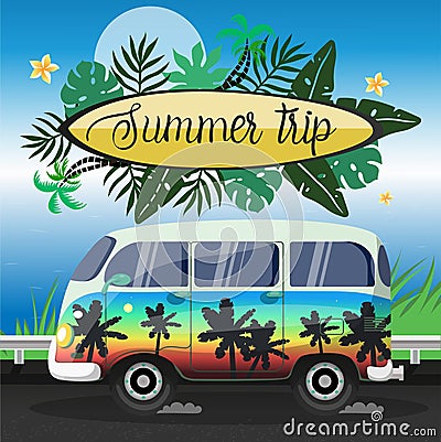 Summer Journey on a large painted minibus vector flyer Stock Photo