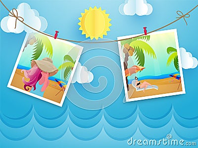 Summer trip enjoying female photos hanging on blue paper cut cloudy background. Stock Photo