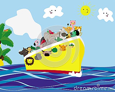 Summer trip on the ship. African animals. Cartoon style Vector Illustration