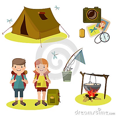 Summer trip with tents, pot in the forest. Tourists with backpacks and dinner at the stake. Vector Illustration