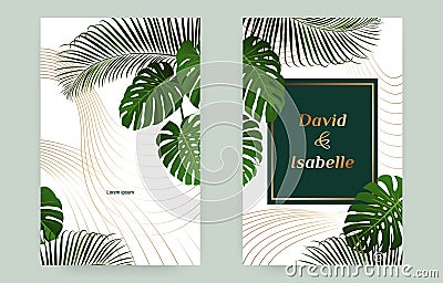 Summer tropic border, wedding invitation cards. Plant beach posters, palm leaf and golden lines, nature spring party Vector Illustration