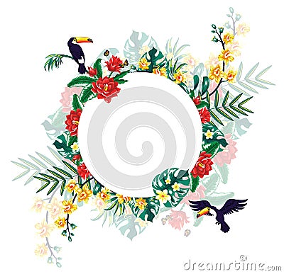 Summer tropical background banner with toucans, palm leaves and hibiscus flowers. Vector Illustration