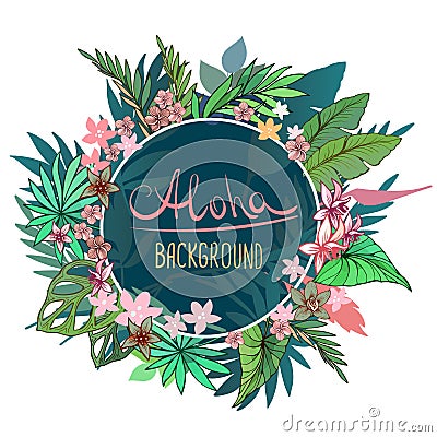 Summer tropical background with exotic palm leaves, plants and inscription - Aloha. Vector floral background. Vector Illustration