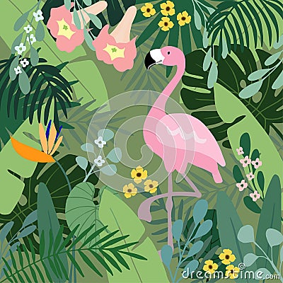 Summer tropical background. Flamingo bird with palm and banana leaves, monstera and datura flowers. Stock vector Vector Illustration
