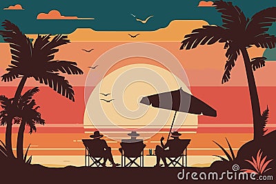 Summer tropical background. Sunset or sunrise colors. Beautiful orange sky and nature landscape with three people on sun loungers Vector Illustration