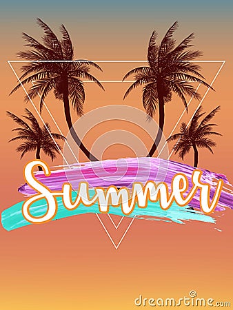 Summer tropical backgrounds with palms, sky and sunset. Summer poster flyer invitation card. Summertime. illustration.EPS 1 Cartoon Illustration