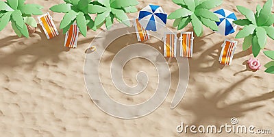 Summer tropical banner concept design 0f beach chair and umbrella flamingo inflatable with coconut tree on the beach 3D render Stock Photo