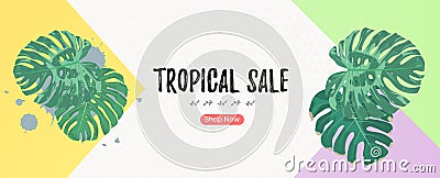 Summer tropical banner template with green palm leaves and copyspace. Vector Illustration