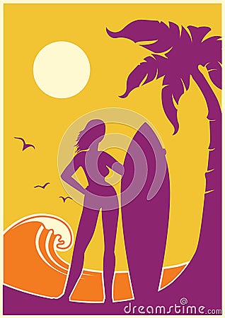 Summer tropical beach island. Vector summer landscape poster background with palms and surfer woman and surfboard Vector Illustration