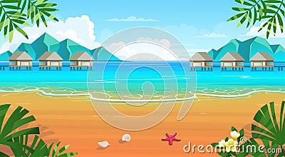 Summer tropical beach with sun loungers, table with cocktails, umbrella, mountains and islands. Seaside landscape, nature Vector Illustration