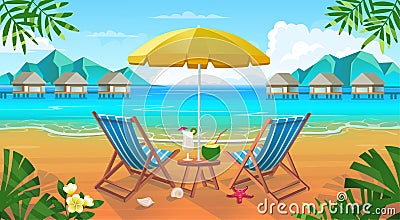 Summer tropical beach with sun loungers, table with cocktails, umbrella, mountains and islands. Seaside landscape, nature Vector Illustration