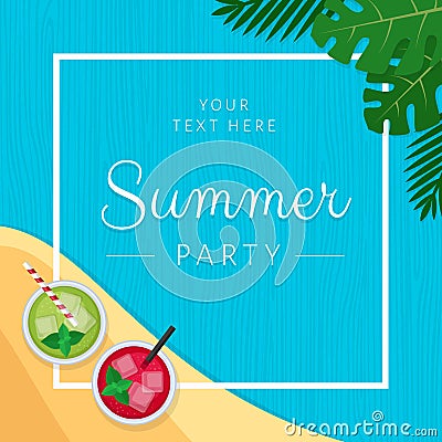 Summer tropical cocktail with palm leaves. Cocktail party poster Vector Illustration