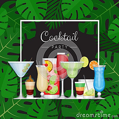 Summer tropical cocktail with palm leaves. Cocktail party poster Vector Illustration