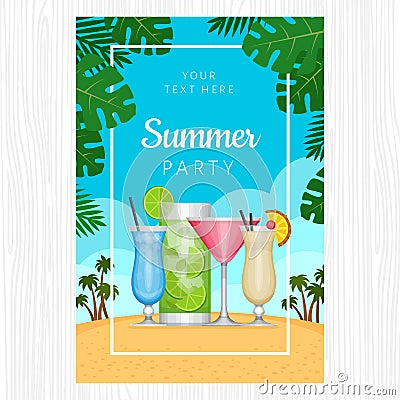 Summer tropical cocktail with palm leaves. Cocktail party poster Vector Illustration