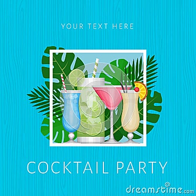 Summer tropical cocktail with palm leaves. Cocktail party poster Vector Illustration