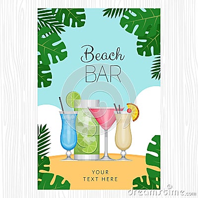 Summer tropical cocktail with palm leaves. Cocktail party poster Vector Illustration