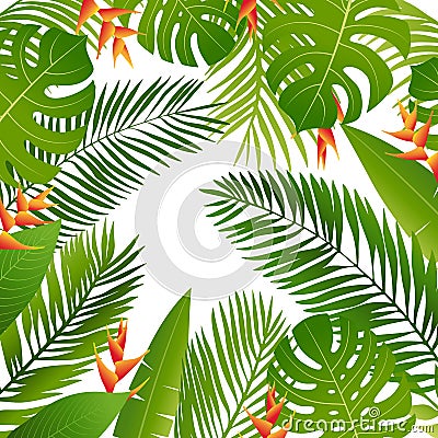 Summer tropical design with palm leaves, tropical plants, flowers. Summer background. Vector Illustration