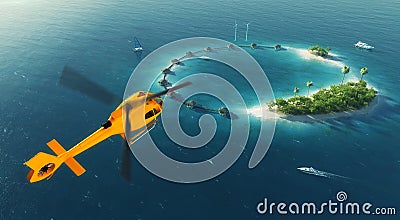 Summer tropical island. Small helicopter flying to private paradise tropical island with wind turbines energy and bungalows Cartoon Illustration