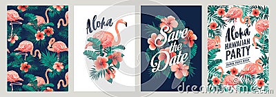 Summer tropical palm leaves with exotic flamingo and hibiscus flowers. Vector templates. Design element for card, poster, banner, Vector Illustration