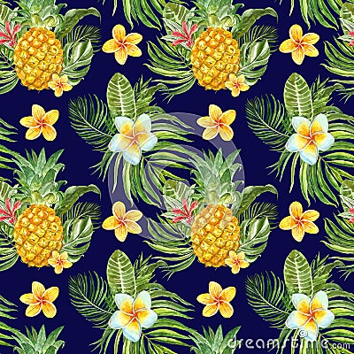 Summer tropical print. Watercolor seamless pattern with exotic plants, flowers and fruits. Green palm leaf, pineapple on blue Stock Photo