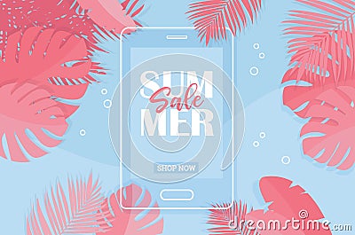 Summer Tropical Sale Banner with coral colors -Vector Vector Illustration