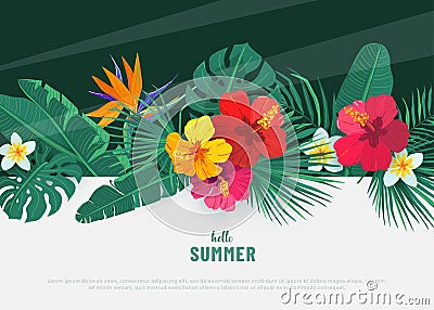 Summer tropical vector background. Flat lay geometric tropic design with exotic hibiscus flower and palm leaves. Spring Vector Illustration