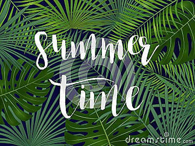 Summer tropical vector design for banner or flyer with palm lea Vector Illustration