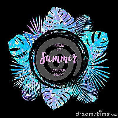 Summer tropical vector design for banner or flyer with unicorn Vector Illustration