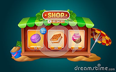 Summer ui game shop frame button with sweets icon Vector Illustration