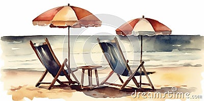 rest background beach umbrella summer resort chair lounger vacation watercolor relax. Generative AI. Stock Photo