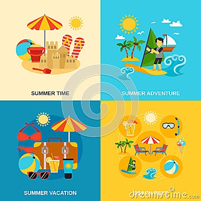 Summer Vacation And Adventure Icons Set Vector Illustration