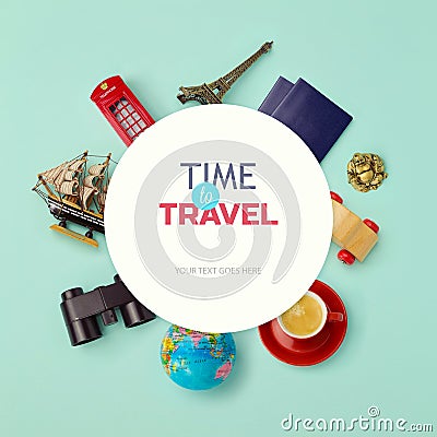 Summer vacation background mock up design. Objects related to travel and tourism around blank paper. View from above Stock Photo