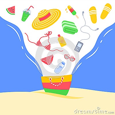 Summer vacation bag beach stuff creative banner Vector Illustration