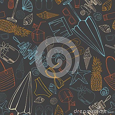 Summer vacation. Beach umbrella, starfish, flip flops, sunglasses , seashells. Vector seamless pattern Vector Illustration