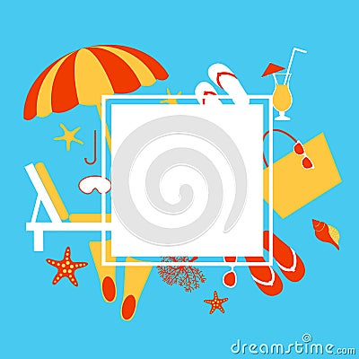 Summer vacation. Beach umbrella, starfish, flip flops, sunglasses. Vector illustration Vector Illustration